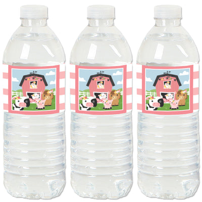 Girl Farm Animals - Pink Barnyard Baby Shower or Birthday Party Water Bottle Sticker Labels - Set of 20