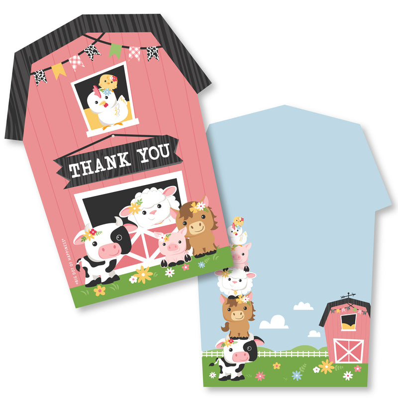 Girl Farm Animals - Shaped Thank You Cards - Pink Barnyard Baby Shower or Birthday Party Thank You Note Cards with Envelopes - Set of 12