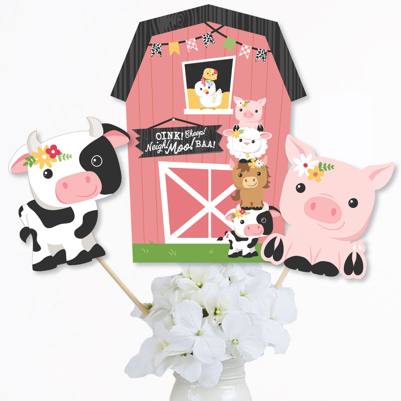 Girl Farm Animals - Pink Barnyard Baby Shower or Birthday Party Centerpiece Sticks - Table Toppers - Set of 15
