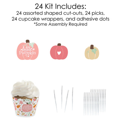 Girl Little Pumpkin - Cupcake Decoration - Fall Birthday Party or Baby Shower Cupcake Wrappers and Treat Picks Kit - Set of 24