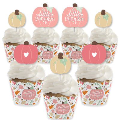 Girl Little Pumpkin - Cupcake Decoration - Fall Birthday Party or Baby Shower Cupcake Wrappers and Treat Picks Kit - Set of 24