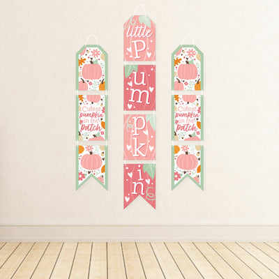 Girl Little Pumpkin - Hanging Vertical Paper Door Banners - Fall Birthday Party or Baby Shower Wall Decoration Kit - Indoor Door Decor