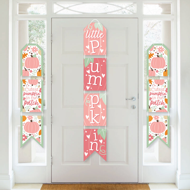 Girl Little Pumpkin - Hanging Vertical Paper Door Banners - Fall Birthday Party or Baby Shower Wall Decoration Kit - Indoor Door Decor