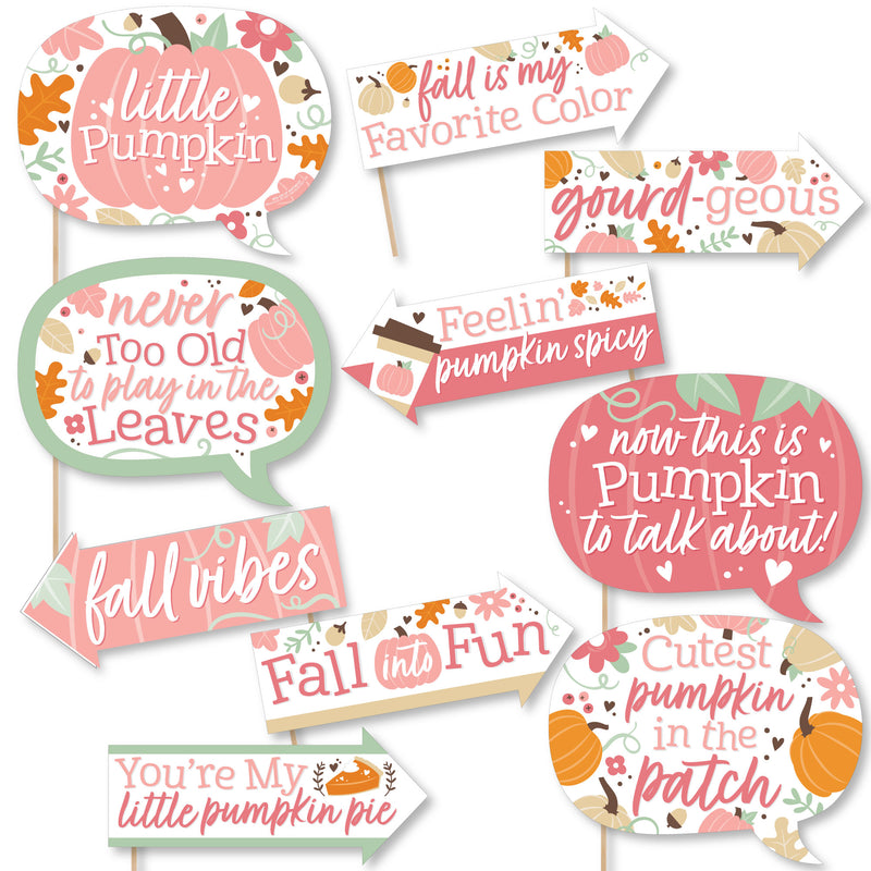 Funny Girl Little Pumpkin - Fall Birthday Party or Baby Shower Photo Booth Props Kit - 10 Piece