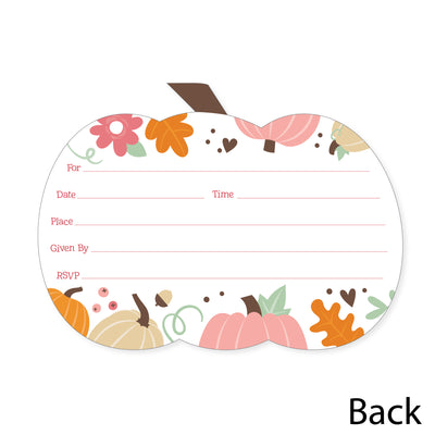 Girl Little Pumpkin - Shaped Fill-In Invitations - Fall Birthday Party or Baby Shower Invitation Cards with Envelopes - Set of 12