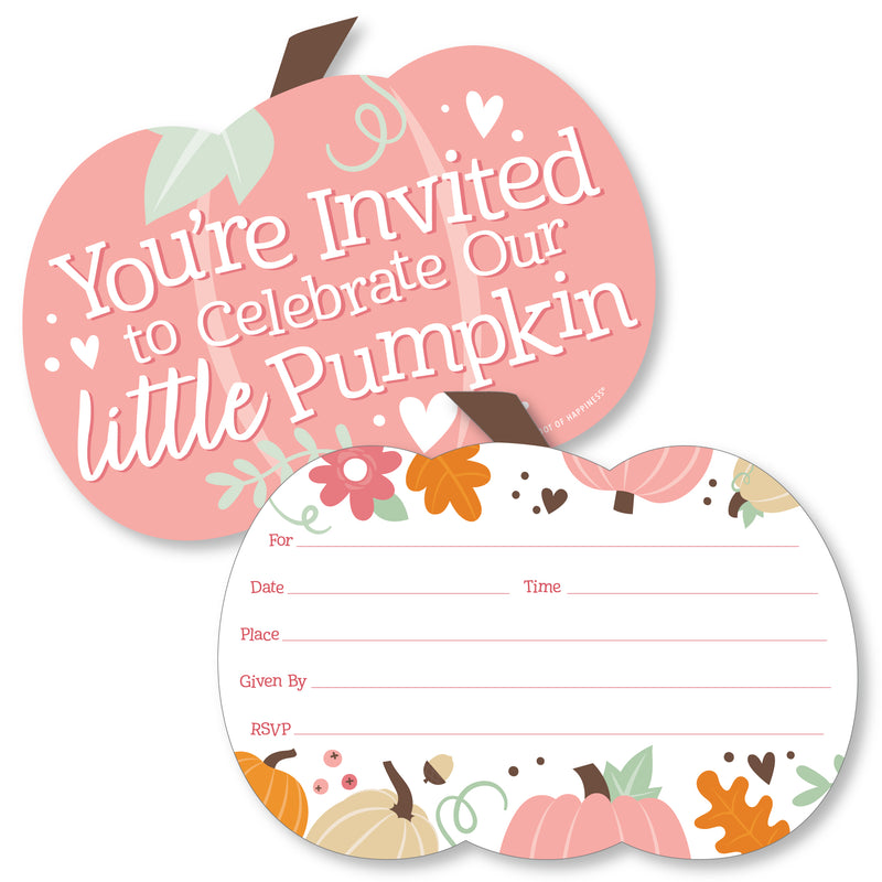 Girl Little Pumpkin - Shaped Fill-In Invitations - Fall Birthday Party or Baby Shower Invitation Cards with Envelopes - Set of 12