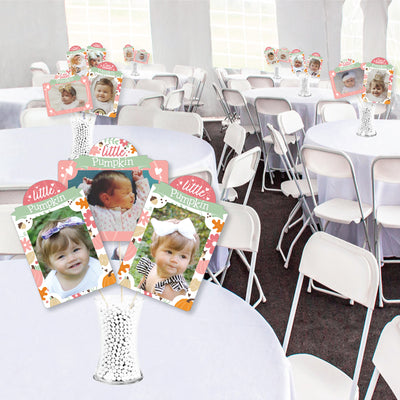 Girl Little Pumpkin - Fall Birthday Party or Baby Shower Picture Centerpiece Sticks - Photo Table Toppers - 15 Pieces