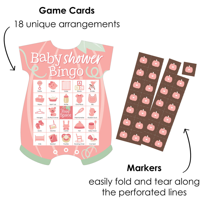 Girl Little Pumpkin - Picture Bingo Cards and Markers - Fall Baby Shower Shaped Bingo Game - Set of 18