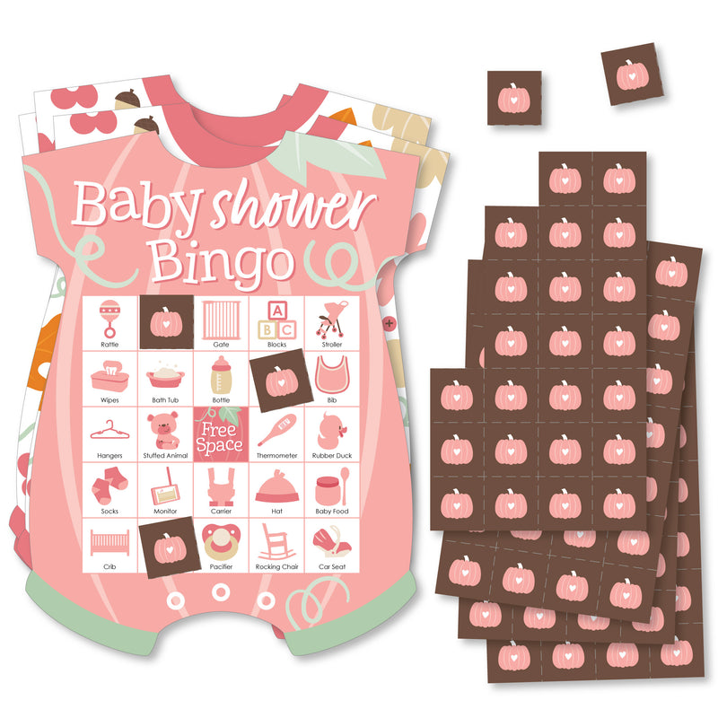 Girl Little Pumpkin - Picture Bingo Cards and Markers - Fall Baby Shower Shaped Bingo Game - Set of 18