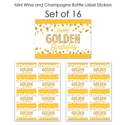 Golden Birthday - Mini Wine and Champagne Bottle Label Stickers - Happy Birthday Party Favor Gift for Women and Men - Set of 16