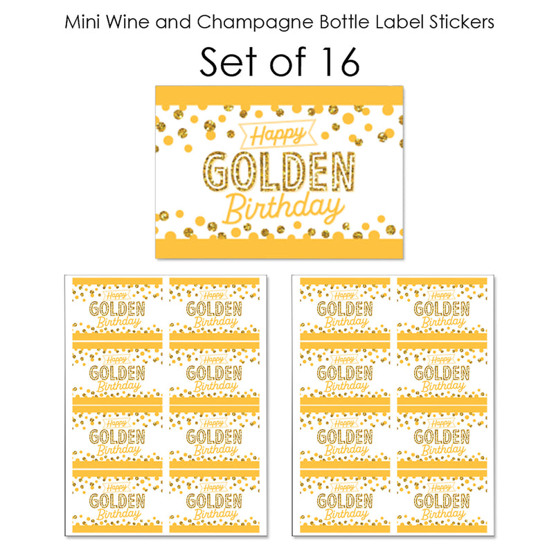 Golden Birthday - Mini Wine and Champagne Bottle Label Stickers - Happy Birthday Party Favor Gift for Women and Men - Set of 16