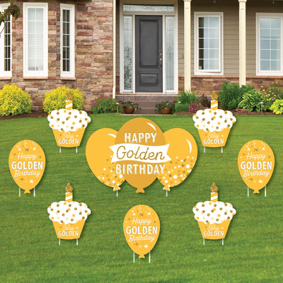 Golden Birthday - Yard Sign and Outdoor Lawn Decorations - Happy Birthday Party Yard Signs - Set of 8