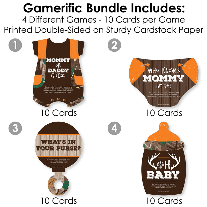 Gone Hunting - 4 Deer Hunting Camo Baby Shower Games - 10 Cards Each - Gamerific Bundle
