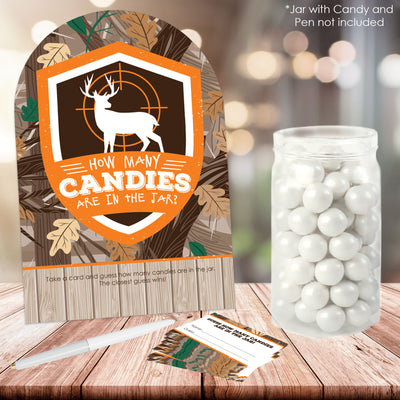 Gone Hunting - How Many Candies Deer Hunting Camo Baby Shower or Birthday Party Game - 1 Stand and 40 Cards - Candy Guessing Game