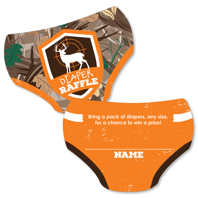 Gone Hunting - Diaper Shaped Raffle Ticket Inserts - Baby Shower Activities - Deer Hunting Camo Diaper Raffle Game - Set of 24