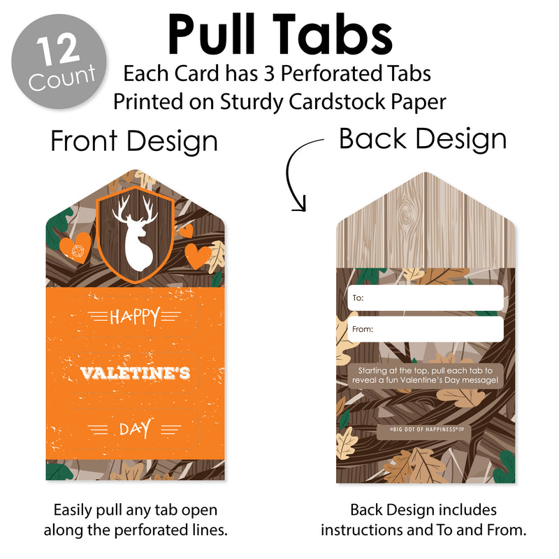 Gone Hunting - Deer Hunting Camo Cards for Kids - Happy Valentine’s Day Pull Tabs - Set of 12