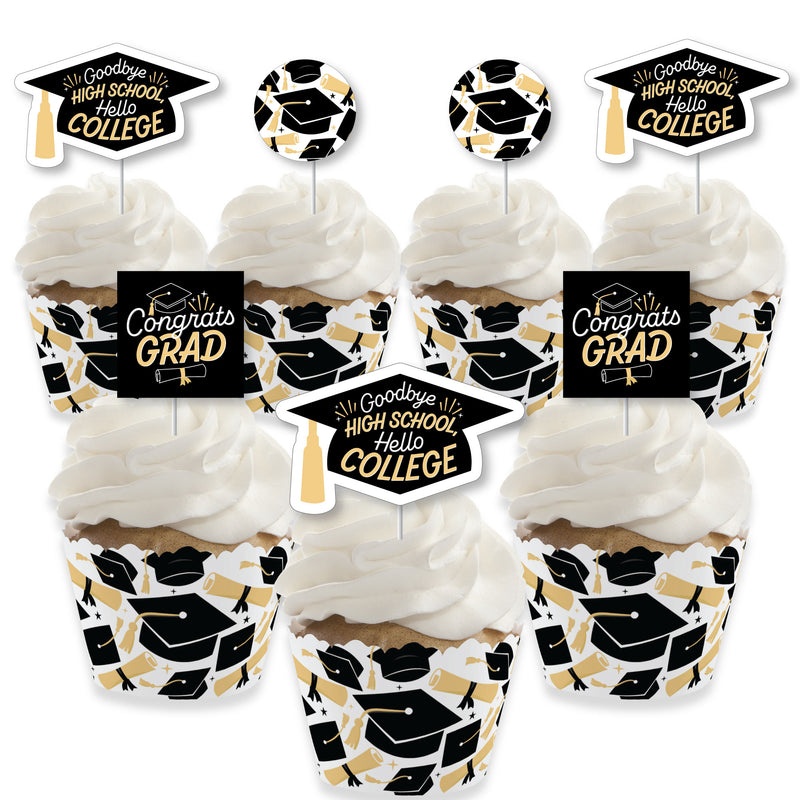 Goodbye High School, Hello College - Cupcake Decoration - Graduation Party Cupcake Wrappers and Treat Picks Kit - Set of 24
