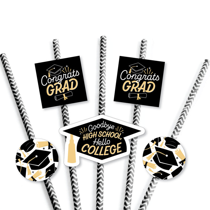Goodbye High School, Hello College - Paper Straw Decor - Graduation Party Striped Decorative Straws - Set of 24