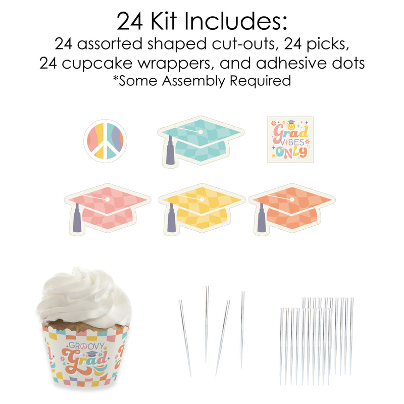 Groovy Grad - Cupcake Decoration - Hippie Graduation Party Cupcake Wrappers and Treat Picks Kit - Set of 24