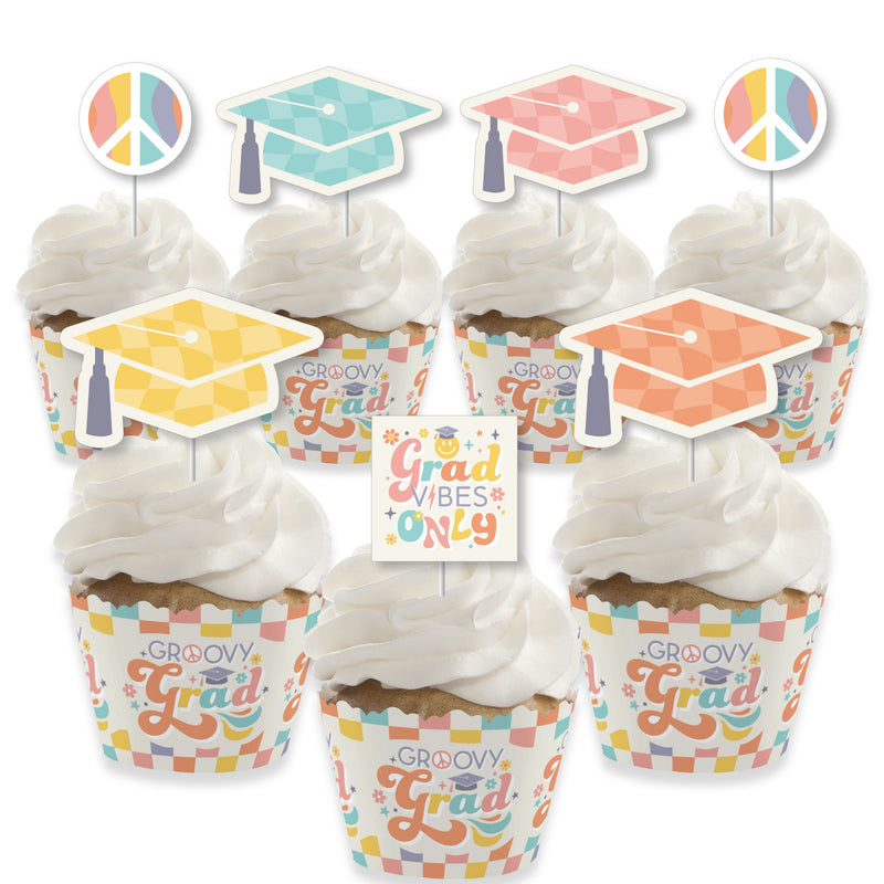 Groovy Grad - Cupcake Decoration - Hippie Graduation Party Cupcake Wrappers and Treat Picks Kit - Set of 24