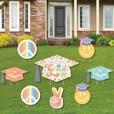 Groovy Grad - Yard Sign and Outdoor Lawn Decorations - Hippie Graduation Party Yard Signs - Set of 8