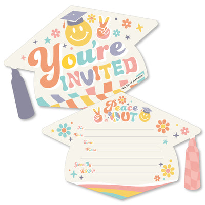 Groovy Grad - Shaped Fill-In Invitations - Hippie Graduation Party Invitation Cards with Envelopes - Set of 12