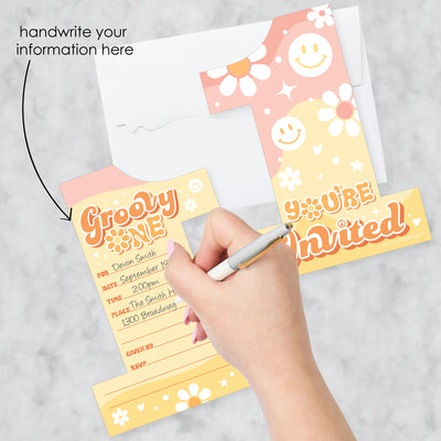 Groovy One - Shaped Fill-In Invitations - Boho Hippie First Birthday Party Invitation Cards with Envelopes - Set of 12