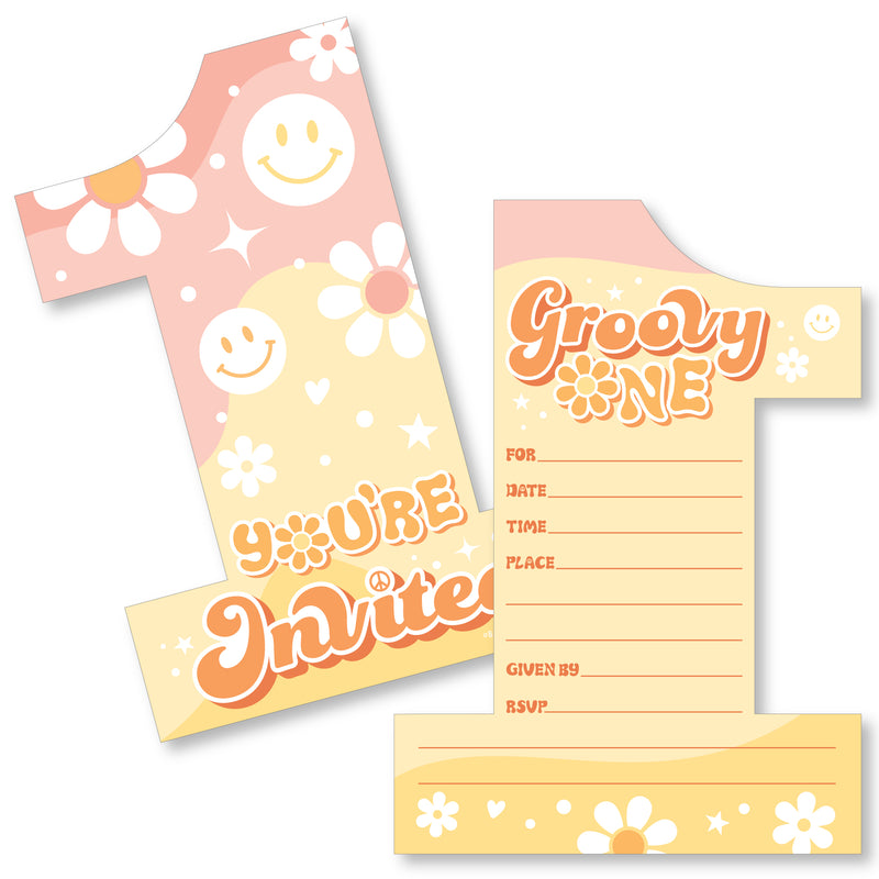 Groovy One - Shaped Fill-In Invitations - Boho Hippie First Birthday Party Invitation Cards with Envelopes - Set of 12