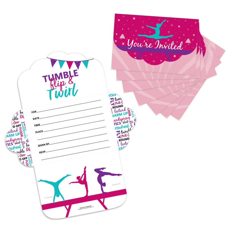 Tumble, Flip & Twirl - Gymnastics - Fill-In Cards - Birthday Party or Gymnast Party Fold and Send Invitations - Set of 8
