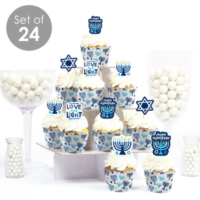 Hanukkah Menorah - Cupcake Decoration - Chanukah Holiday Party Cupcake Wrappers and Treat Picks Kit - Set of 24