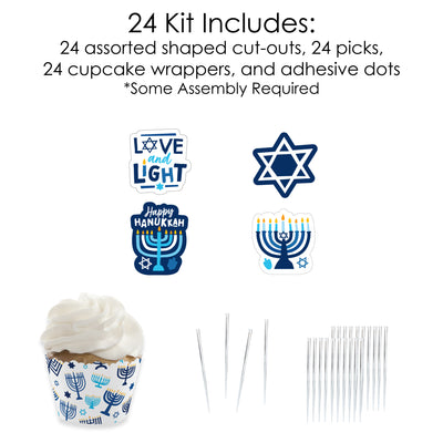 Hanukkah Menorah - Cupcake Decoration - Chanukah Holiday Party Cupcake Wrappers and Treat Picks Kit - Set of 24