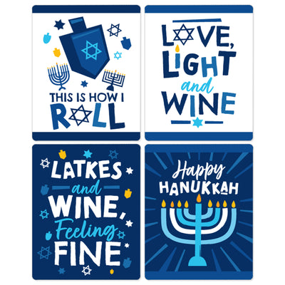 Hanukkah Menorah - Chanukah Holiday Party Decorations for Women and Men - Wine Bottle Label Stickers - Set of 4