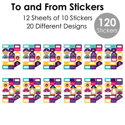 Happy Diwali - Assorted Festival of Lights Party Gift Tag Labels - To and From Stickers - 12 Sheets - 120 Stickers