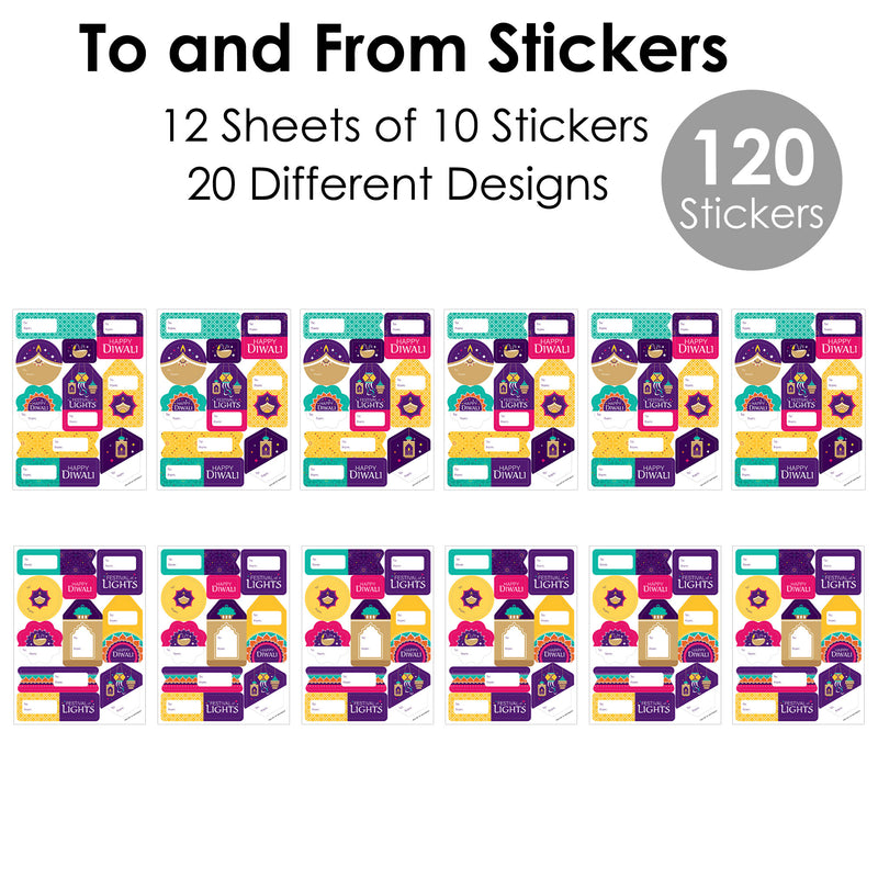 Happy Diwali - Assorted Festival of Lights Party Gift Tag Labels - To and From Stickers - 12 Sheets - 120 Stickers