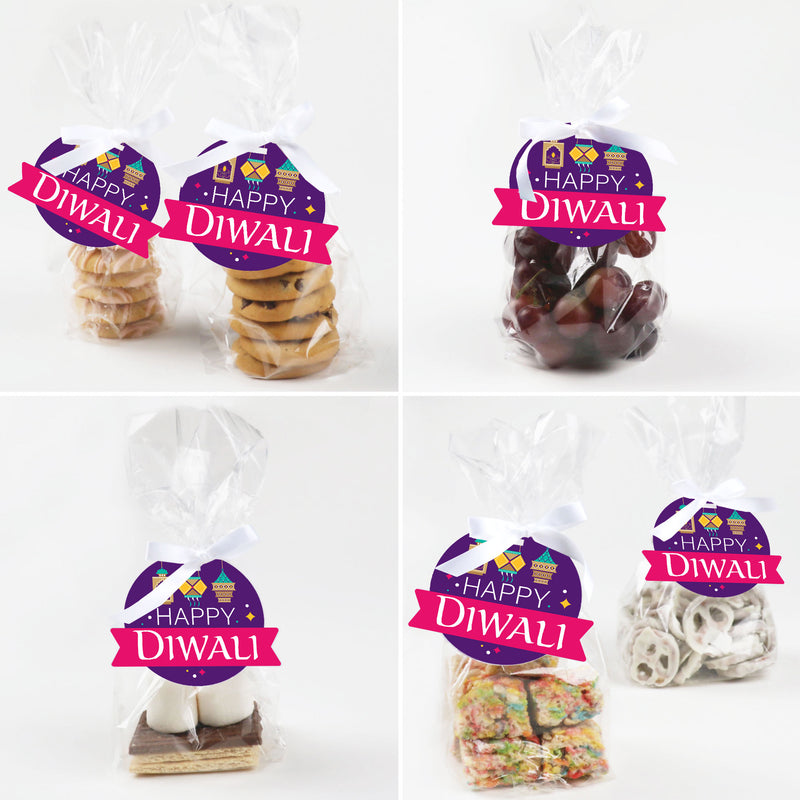 Happy Diwali - Festival of Lights Party Clear Goodie Favor Bags - Treat Bags With Tags - Set of 12
