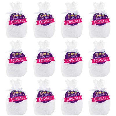 Happy Diwali - Festival of Lights Party Clear Goodie Favor Bags - Treat Bags With Tags - Set of 12