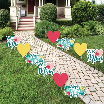 Colorful Floral Happy Mother's Day - Heart Lawn Decorations - Outdoor We Love Mom Party Yard Decorations - 10 Piece