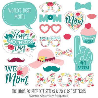 Colorful Floral Happy Mother's Day - We Love Mom Party Photo Booth Props Kit - 20 Count