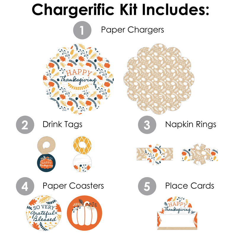 Happy Thanksgiving - Fall Harvest Party Paper Charger and Table Decorations - Chargerific Kit - Place Setting for 8