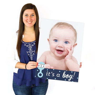 Hello Little One - Blue and Silver - Photo Yard Sign - Boy Baby Shower Party Decorations