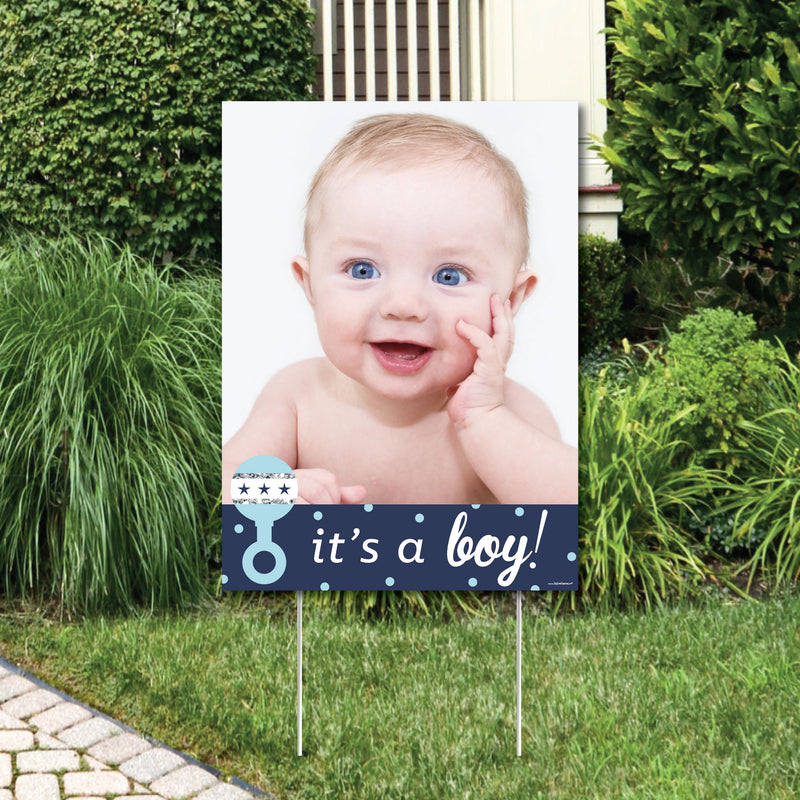 Hello Little One - Blue and Silver - Photo Yard Sign - Boy Baby Shower Party Decorations