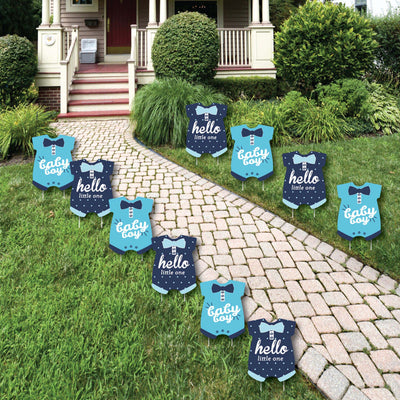 Hello Little One - Blue and Navy - Baby Bodysuit Lawn Decorations - Outdoor Boy Baby Shower Yard Decorations - 10 Piece