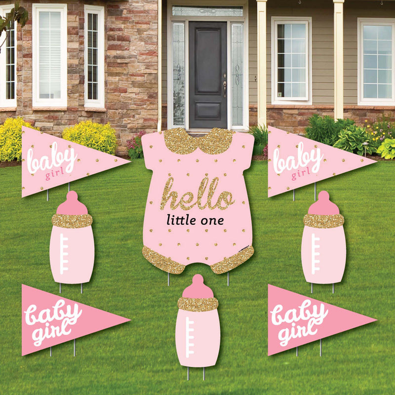 Hello Little One - Pink and Gold - Yard Sign & Outdoor Lawn Decorations - Girl Baby Shower Yard Signs - Set of 8