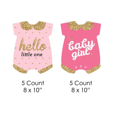 Hello Little One - Pink and Gold - Baby Bodysuit Lawn Decorations - Outdoor Girl Baby Shower Yard Decorations - 10 Piece