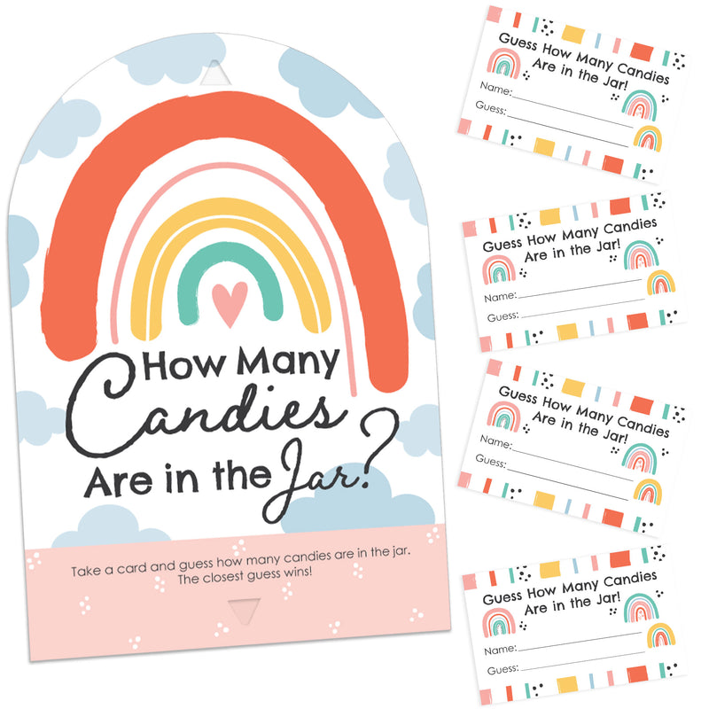 Hello Rainbow - How Many Candies Boho Baby Shower and Birthday Party Game - 1 Stand and 40 Cards - Candy Guessing Game