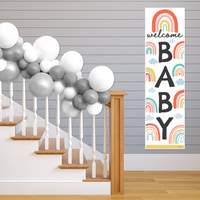 Hello Rainbow - Boho Baby Shower Front Door Decoration - Vertical Banner