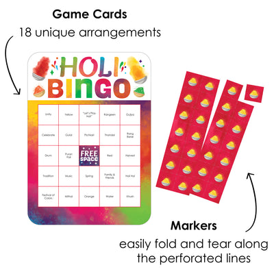 Holi Hai - Bingo Cards and Markers - Festival of Colors Party Shaped Bingo Game - Set of 18