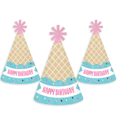 Scoop Up The Fun - Ice Cream - Cone Happy Birthday Party Hats for Kids and Adults - Set of 8 (Standard Size)