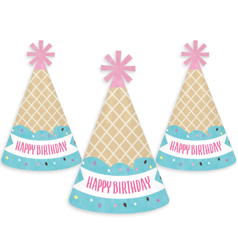 Scoop Up The Fun - Ice Cream - Cone Happy Birthday Party Hats for Kids and Adults - Set of 8 (Standard Size)
