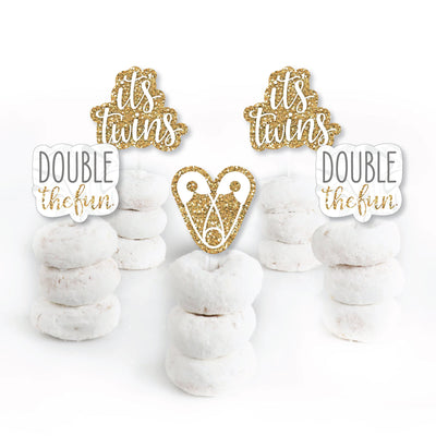 It's Twins - Dessert Cupcake Toppers - Gold Twins Baby Shower Clear Treat Picks - Set of 24